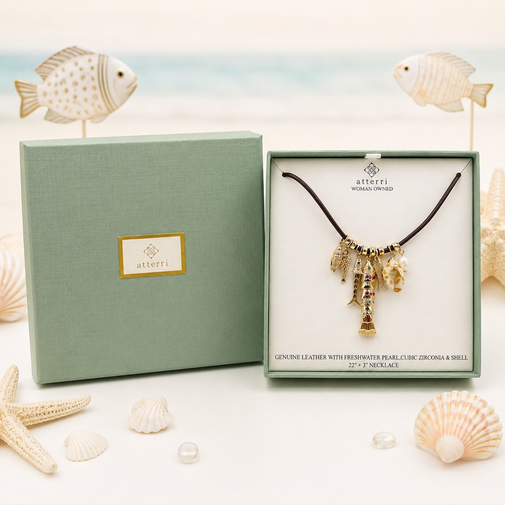 *New* Atterri Gold Fish and Shell Necklace with Brown Leather